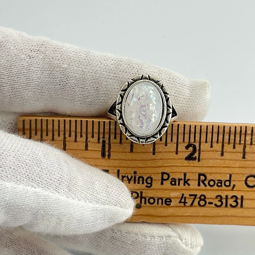 Faux Opal Ring, Size 6.25, Confetti Resin Opal, Lab Created, BoHo, Antiqued